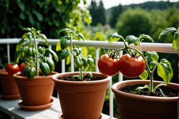 Close-up of tomato plants growing in containers on a balcony