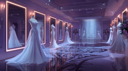 Bridal shop interior with wedding dresses on mannequins and large mirrors with lighting. Empty boutique for selling bride gowns, showroom with fashioned women dressing, Cartoon vector illustration