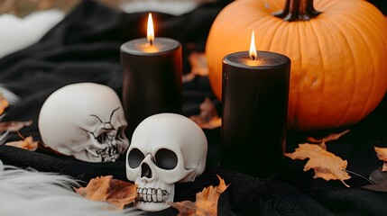 Decorative Autumn Arrangement Featuring Black Candles, Skulls, and a Harvest Pumpkin