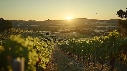 Vineyard sunset, plane overhead
