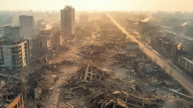 A city in ruins with a lot of debris and smoke in the air. The sky is hazy and the sun is setting