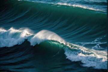 Person surfing on the ocean, catching a big wave