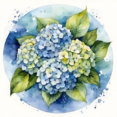 Watercolor painting with a bouquet of hydrangea flowers in a circle.