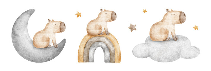Set of Capybaras sleep on crescent moon, cloud, rainbow, stars. Collection hand drawn watercolor kid illustrations. Clip art of dreamy guinea pig for baby posters, baby shower card, clothes, pajamas