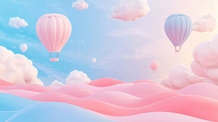 Cute cartoon vector background featuring pastel pink sky with clouds and hot air balloons, flat ocean waves below, in minimalistic style with high detail and no shadows or text.