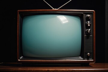 An old television with a blue screen sits on a wooden table, perfect for decorative or nostalgic use