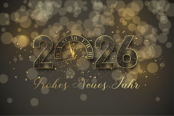 Karte oder Banner, um ein frohes neues Jahr 2026 in Schwarz und Gold mit Glitzer zu wünschen. Die 0 ist eine Uhr auf schwarzem Hintergrund mit Kreisen im Bokeh-Effekt