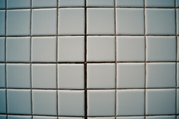 Naklejka premium A close-up shot of a tiled bathroom wall with ceramic tiles and grout lines