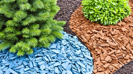 Colorful Landscape Design Featuring Blue and Brown Mulch with Lush Green Shrubs in a Garden Setting