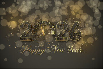card or banner to wish a happy new year 2026 in black and gold with glitter the 0 is a clock on a black background with circles in bokeh effect