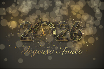 carte ou bandeau pour souhaiter une joyeuse année 2026 en noir et or avec des paillettes le 0 est une horloge sur un fond noir avec des ronds en effet bokeh