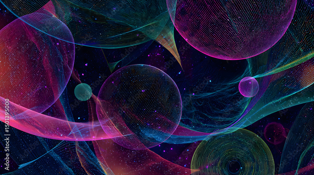 Poster celestial spheres: an intricate dance of luminous, otherworldly spheres suspended within a dynamic c