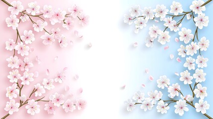Cherry Blossoms in Pink and Blue Pastel Colors with Petals Framing a Soft Background
