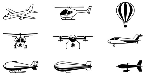 Air transportation icons set airplane helicopter drone airship hot air balloon © vector Art
