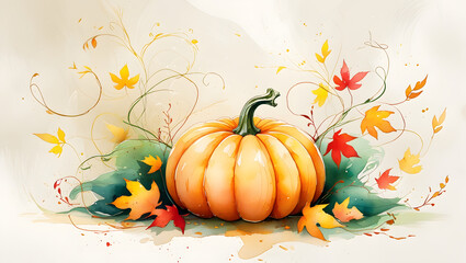 Naklejka premium Watercolor hand drawn fall pumpkin composition, pumpkin and autumn leaves