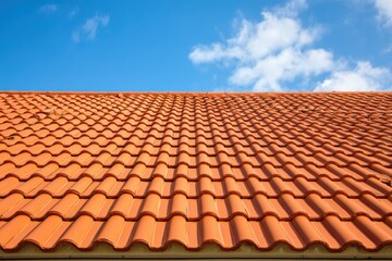 A clay tile roof with a bright blue sky and scattered clouds in the background.