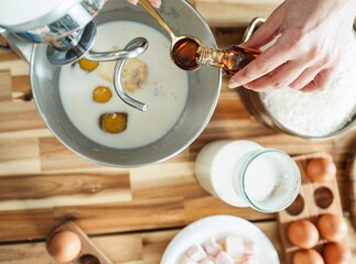 Hands of a young girl skillfully mix ingredients in a cozy kitchen setting, celebrating the joy of learning to bake while honoring family traditions through the tactile experience