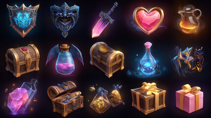 Set of game icons, shield, sword, lightning flash and heart, golden cup, magic potion flasks, gold key and treasure chest. Cartoon 3d ui flag, gift box, bomb and money bills, hourglass and brilliant