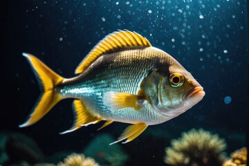 A fish swims in the water, possibly in a aquarium or tank
