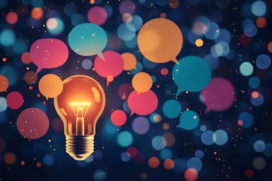 A glowing lightbulb surrounded by colorful speech bubbles symbolizing customer feedback and ideas for improvement