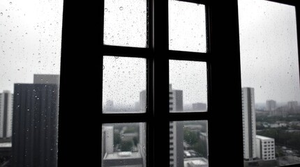 Rain-streaked city view from a window