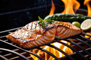 A sizzling piece of salmon cooking on a grill, ready for serving