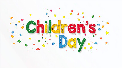 3D rendering of "Children's Day" in colorful playful letters with bold lines, surrounded by stars and confetti on a white background, expressing festive joy and celebration.