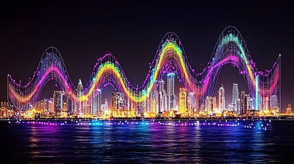 Obraz premium Colorful City Skyline with Vibrant Lights Reflected on Water at Night