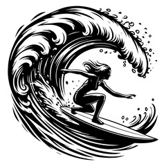 A Female Surfer Catching A Big Wave, Black And White Surfer Silhouette
