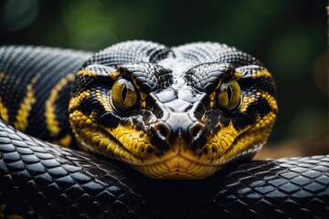 Fototapeta premium A detailed view of a snake's head and body, featuring yellow and black patterns