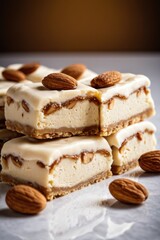 A detailed shot of almonds on top of a cake, suitable for use in recipes, food styling or as a decorative element