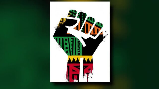 Vibrant Fist Artwork Featuring African Patterns and Bold Symbolic Colors for African Libration Day