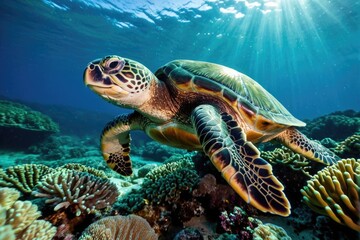A turtle swims above a vibrant coral reef in the ocean