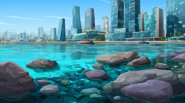 Lake with stones in water and city buildings on skyline. Vector parallax background for 2d animation with cartoon illustration of sea landscape with skyscrapers on horizon