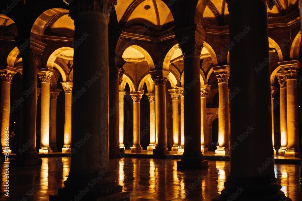 Poster a spacious room with stone columns and a clock on the wall, perfect for interior design or architect