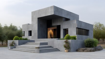 Modern Concrete House Exterior with Steps and Landscaping Design A Stunning Architectural View