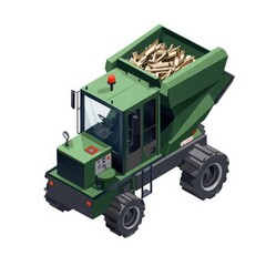 Isometric green wood chipper truck isolated on white background