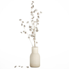 3D illustration Beautiful green lush bouquet of stabilized dried flowers in a modern glass vase with branches of thistle thorns isolated on white background