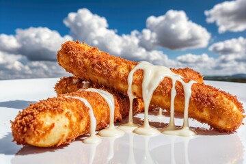A white plate topped with fried foods and saucy toppings, great for commercial use in restaurants, cafes or food blogs
