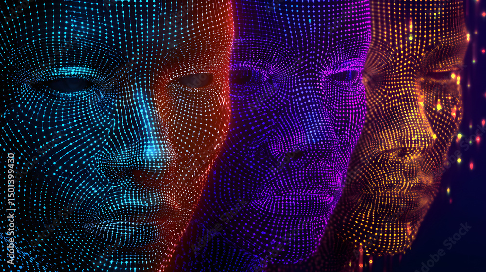 Poster digital reflections: a striking tableau of faces rendered in glowing digital points, exploring the c