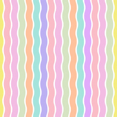 Colorful and delicate seamless pattern with vertical wavy lines in pastel shades of yellow, pink, lilac, mint, blue and peach colors. The pattern creates an atmosphere of lightness, joy and spring moo