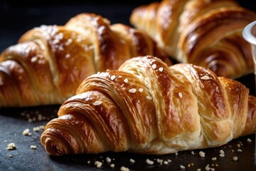 Flaky pastries resting on a wooden surface, perfect for a café or bakery setting