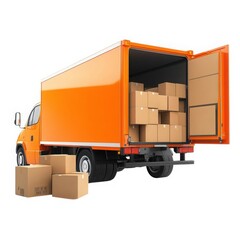 Orange delivery truck loaded with cardboard boxes isolated on white background