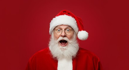 Photo of Surprised Santa Claus with Red Background and White Hat
