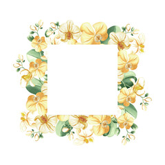 Watercolor frame of yellow orchid flowers and leaves isolated illustration. Botanical border with copy space for summer rainforest designs. Hand drawn tropical clipart of phalaenopsis jungle plants.