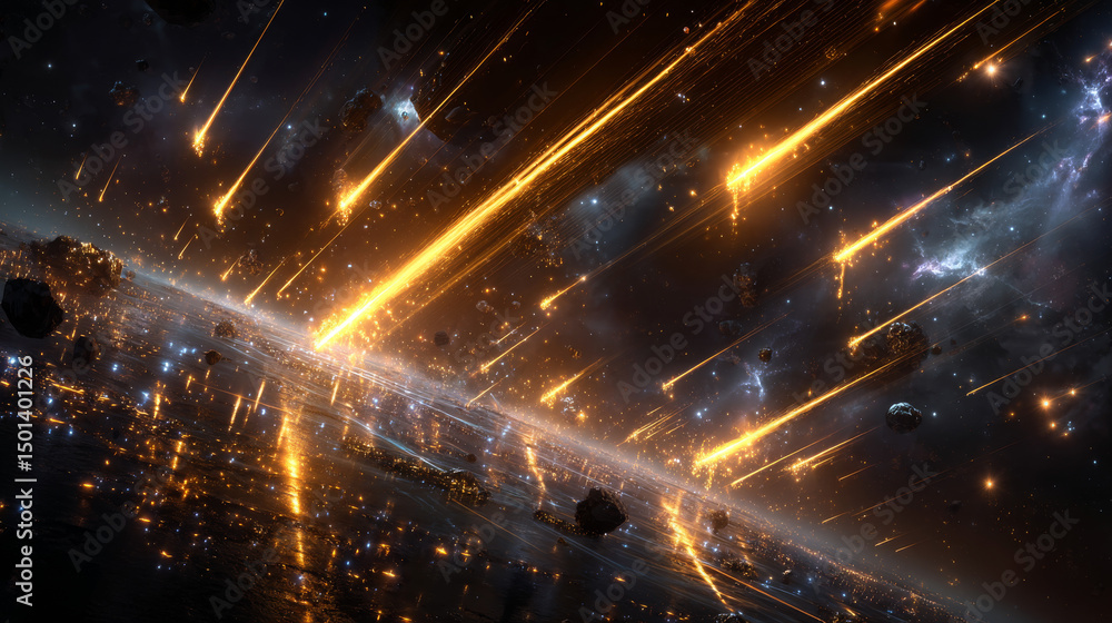 Poster space comet rain with golden falling star trails. realistic vector background with bright space mete