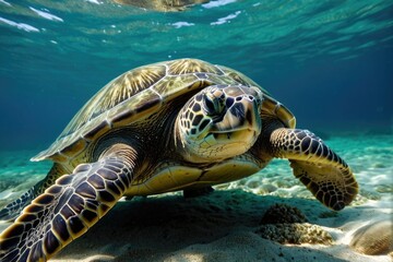 Fototapeta premium A turtle swims beneath the surface of the ocean