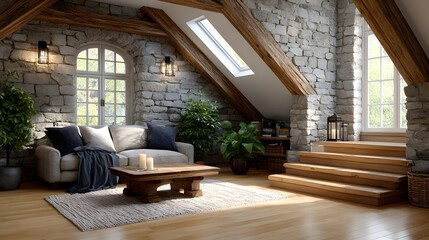 Cozy Attic Living Room with Stone Walls Wooden Beams and a Comfortable Sofa