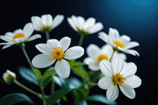A bouquet of white flowers sits atop a lush green plant, perfect for still life photography or botanical illustrations