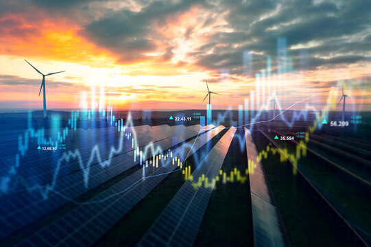 Increase in electricity prices on the world market. Green energy in full development.Investment finance chart,stock market business and exchange financial growth graph.	
